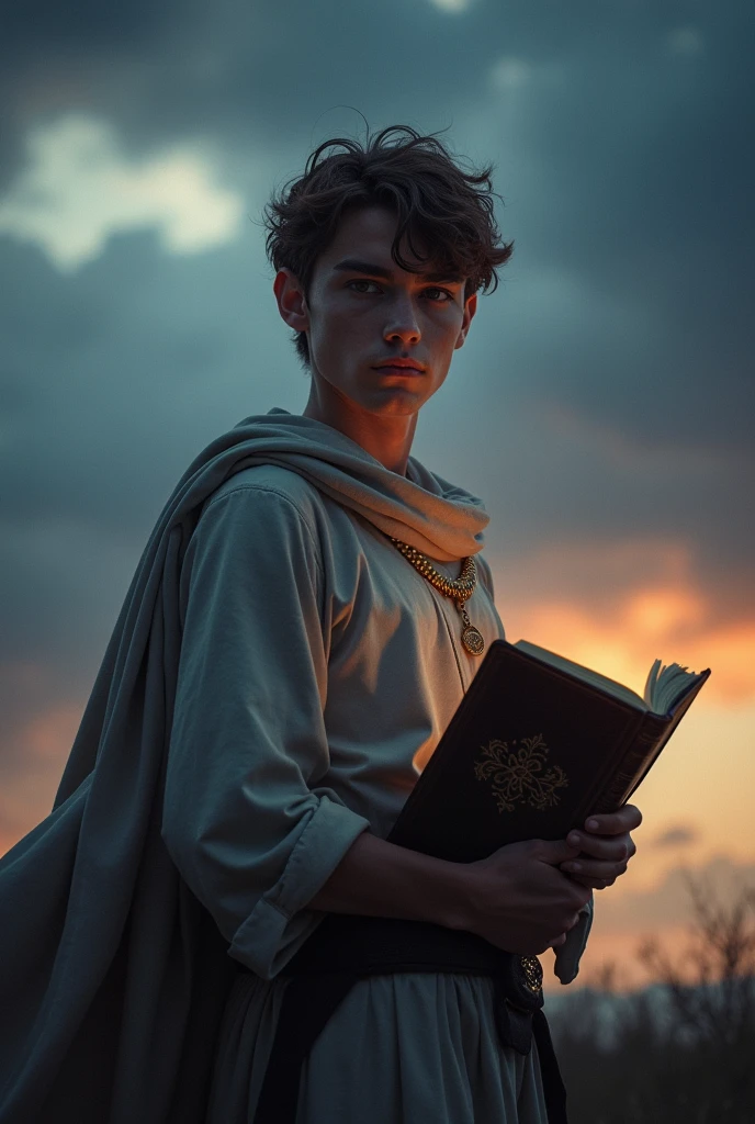 (photorealism:1.2), a young man
with a dagger on his hand, his eyes was shining with light,and bible as a shield