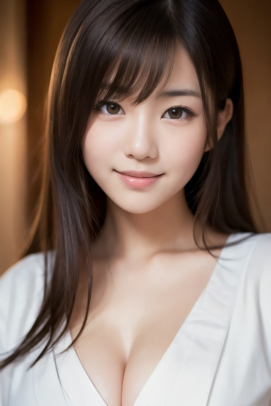 best quality, face focus, soft light, ultra high res, (photorealistic:1.4), RAW photo,(Shinozaki Ai), white skin, kawaii,
1 Japanese girl, solo, cute, smile, (pupil, lights in the eyes), detailed beautiful face, Medium-sized breasts,(high resolution detail of human skin texture),(long hair),(portrait), upper body, white traditional kimono