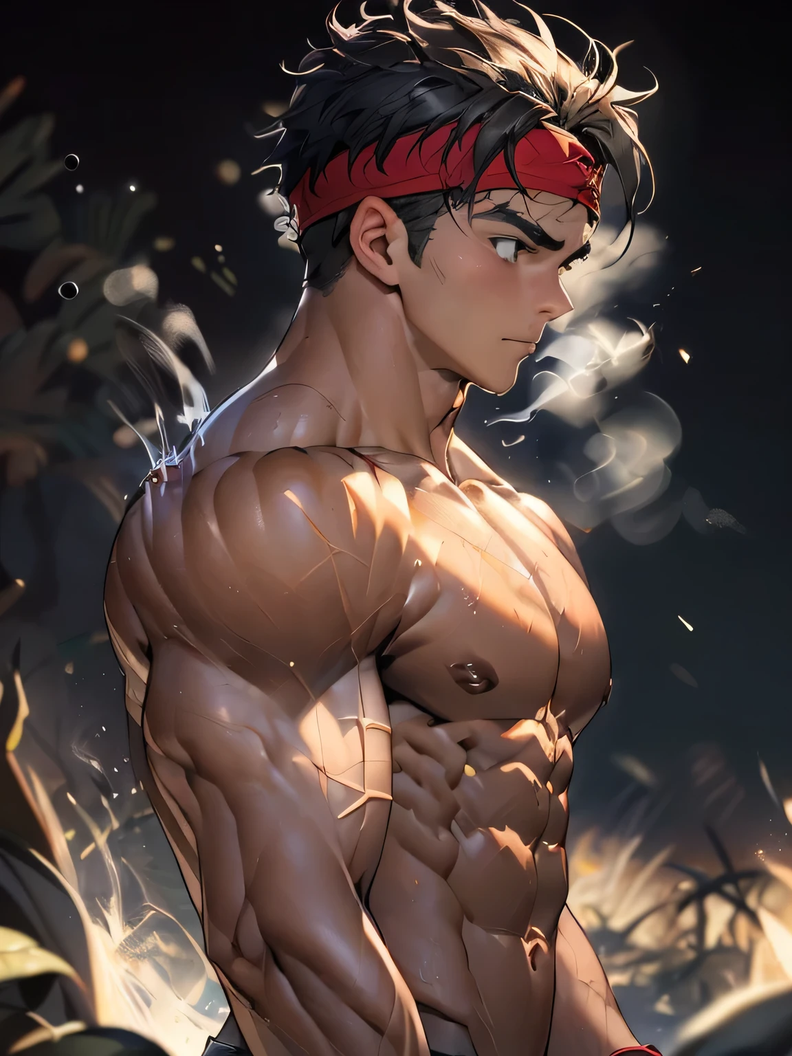 ((masterpiece, best quality)), (((((Black Background, Dark night, (Depth of field:1.2), male focus, upper body, side shot:1.2))))), (19 year old boy, Young guy, Shirtless, topless), ((((1boy, solo, tough, reliable)))), (Dark Short straight hair, ((almost completely shaved hair)), under cut, Glossy skin), (((red headband, black wristband))), Vivid colors, ((big breast, big shoulder, big abs:1.2, muscular body, sturdy body, defined round and fleshy pecs, Well-defined abdominal muscles, defined round and fleshy arms, well-defined muscles, developed body, shouldermuscler, defined Round and big abs)), muscler!, muscler body, detailed face, detailed muscle, (((rippling muscles, athretic body, wearing steam)))