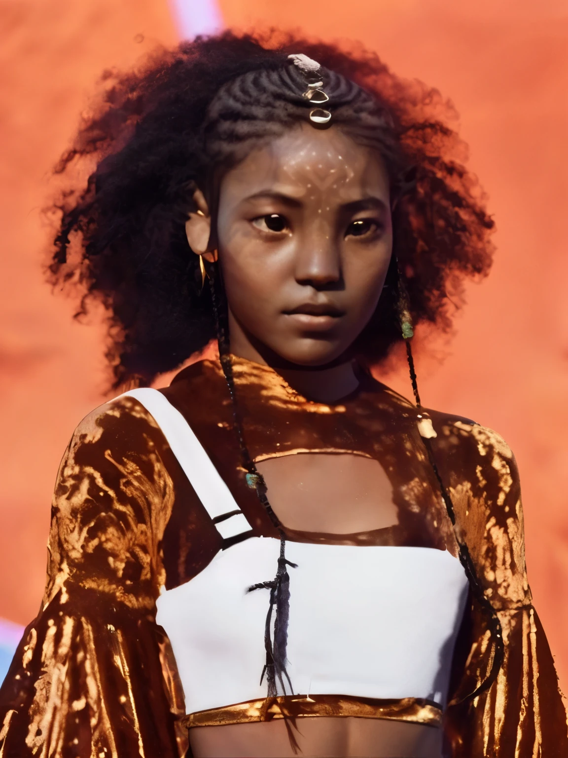 tanzanian girl, (very young, adolescent), (dreadlocks, very small breasts, very skinny, nose ring), (white latex bodysuit), (close shot, face shot, intimate camera, cinematic)
