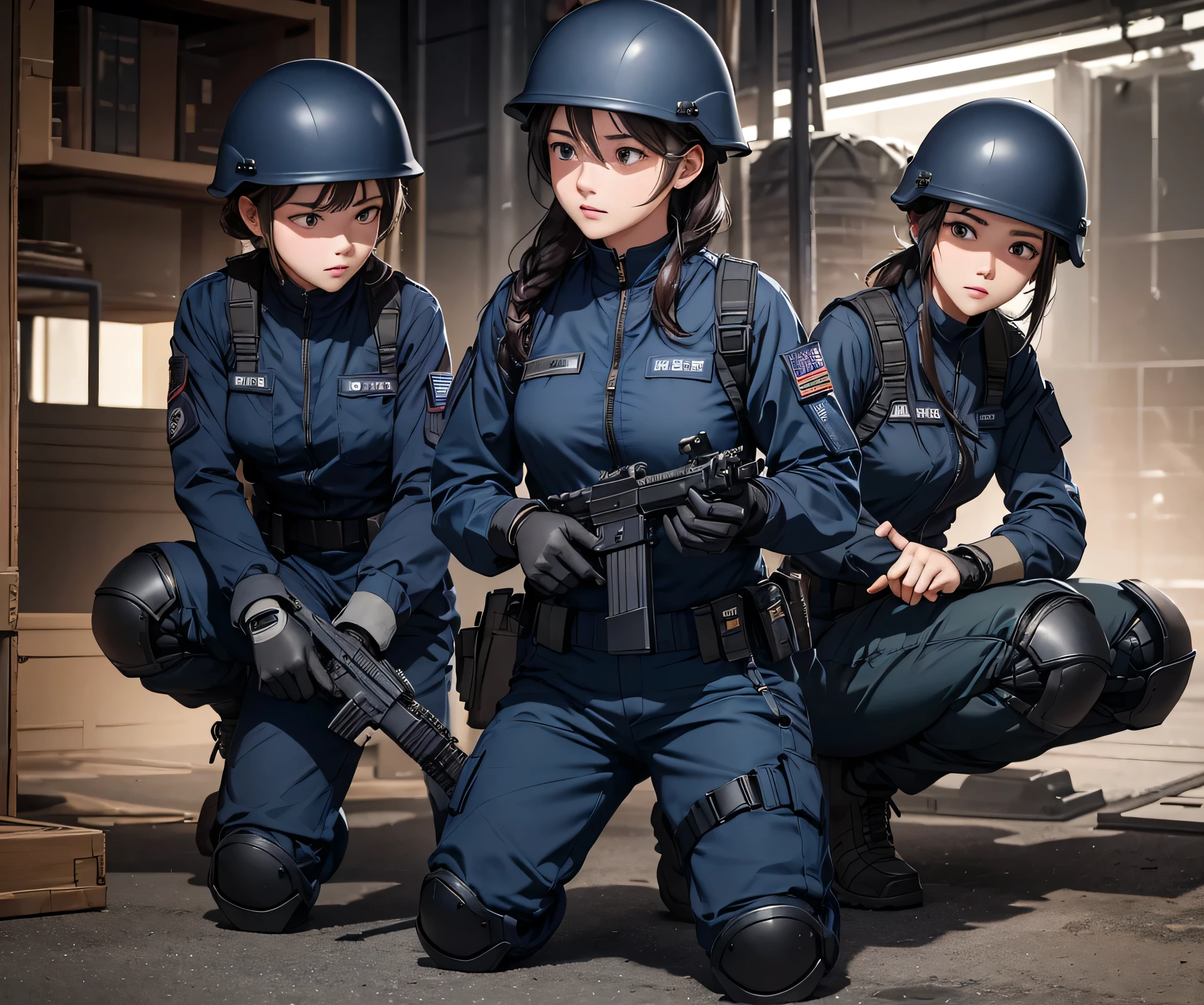 A group of female special forces soldiers wearing helmets，Wearing navy blue uniform、Military Pants、Individual equipment set、Knee pads、Guarding the factory、Write details、masterpiece、best quality、Highly detailed CG、8K picture quality