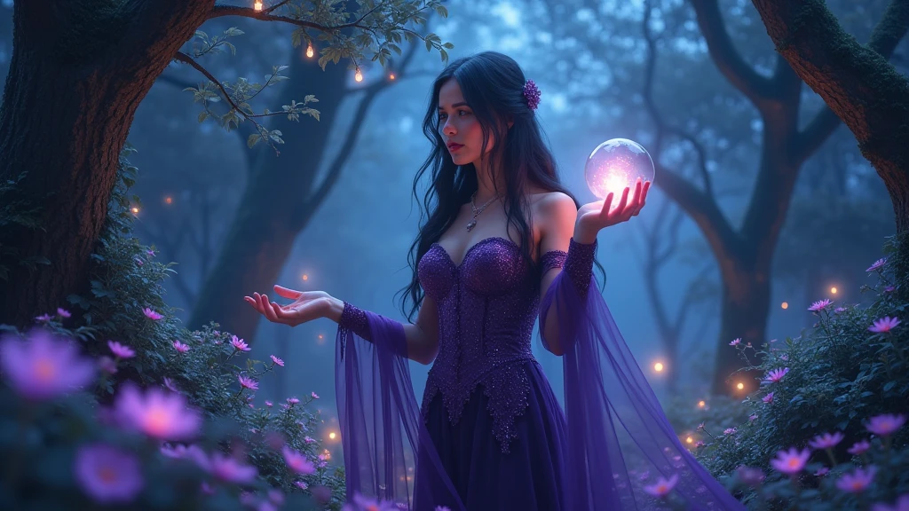 A seductive sorceress with long, flowing raven hair, standing in an enchanted forest under a sky filled with twinkling stars. She wears a deep purple, form-fitting gown that glimmers with subtle magic. Her eyes glow with a soft, mystical light as she gently holds a glowing crystal orb, casting a soothing spell that sends waves of calming energy through the forest, causing the trees and flowers to softly illuminate. Aim for realistic depiction, make sure photos are at highest resolution (8K)