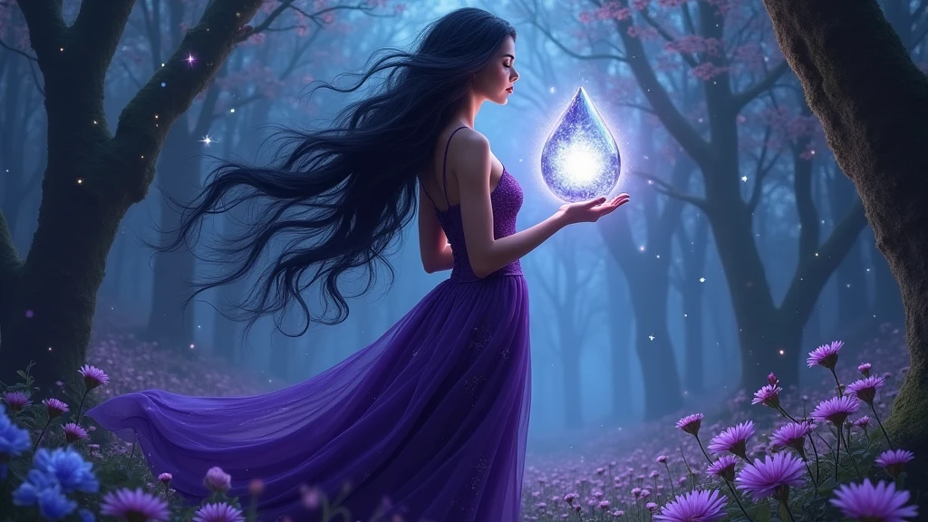 A seductive sorceress with long, flowing raven hair, standing in an enchanted forest under a sky filled with twinkling stars. She wears a deep purple, form-fitting gown that glimmers with subtle magic. Her eyes glow with a soft, mystical light as she gently holds a glowing crystal orb, casting a soothing spell that sends waves of calming energy through the forest, causing the trees and flowers to softly illuminate. Aim for realistic depiction, make sure photos are at highest resolution (8K)