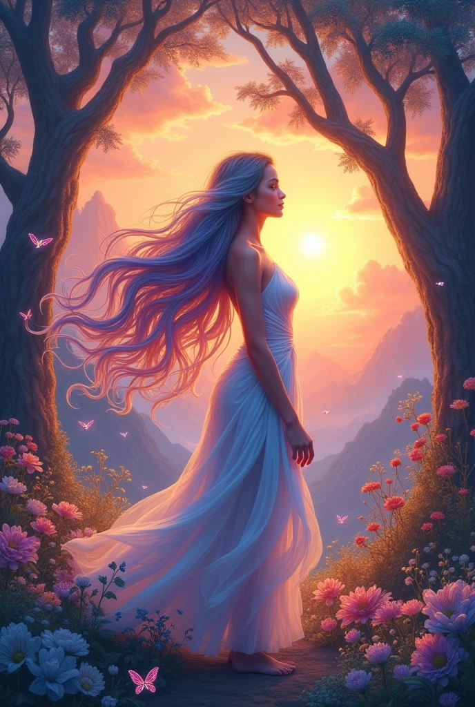 "Vibrant, dreamlike fantasy portrait of a mystical female figure surrounded by ethereal butterflies and a fantastical, colorful demonic creature against a backdrop of vibrant flowers, rainbow arches, and a glowing sun, highly detailed, digital art, concept art, artstation, stunning, fantasy, by artists Luis Royo and Julie Bell"

The image depicts a captivating scene featuring a female figure with long, rainbow-colored hair and vibrant, glowing skin. She is facing a large, demonic-looking creature with horns and a colorful, fantastical appearance. The pair are set against a backdrop of lush, vibrant flowers, rainbow arches, and a glowing sun, with ethereal butterflies fluttering around them. The overall atmosphere is dreamlike, magical, and visually striking.