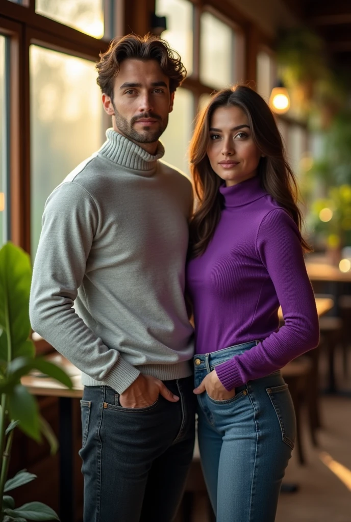 a guy in light gray turtleneck and a girl in purple turtleneck