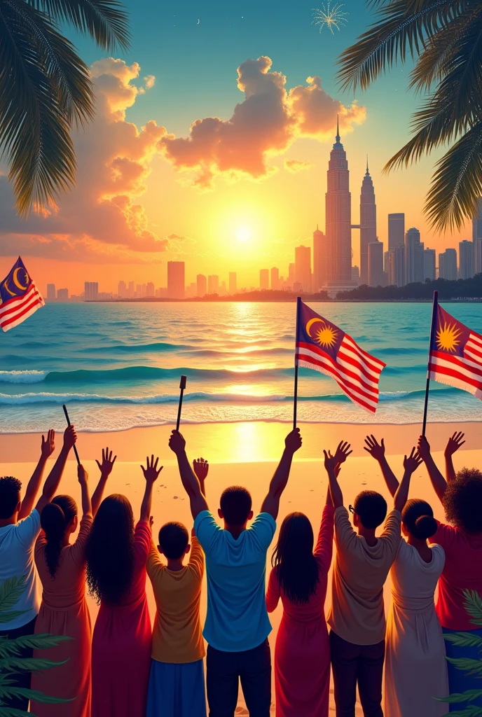 Malaysia independence day poster with the background of Desaru and Kuala Lumpur beaches