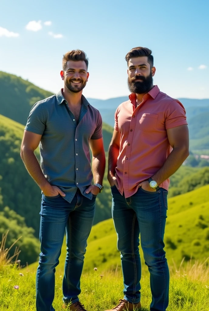 Make a realistic photo in which two guys are standing straight in which one guy is fit have medium hair and medium beard and other guy is broad muscular body and have medium hair and medium beard in lavish hills both were in desinger shirts and jeans .