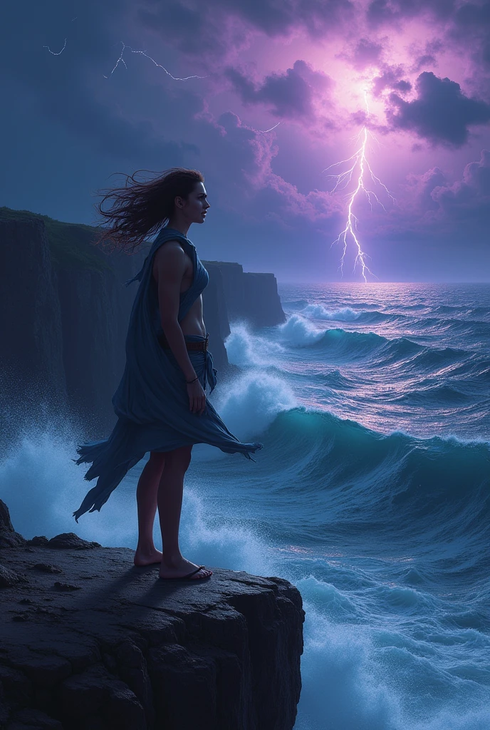 close view of full body nude young belgian woman, in erotic pose , hairy pubic , background ocean waves with foam, thunderclouds, lightnings, ( oil painting style:1.5)