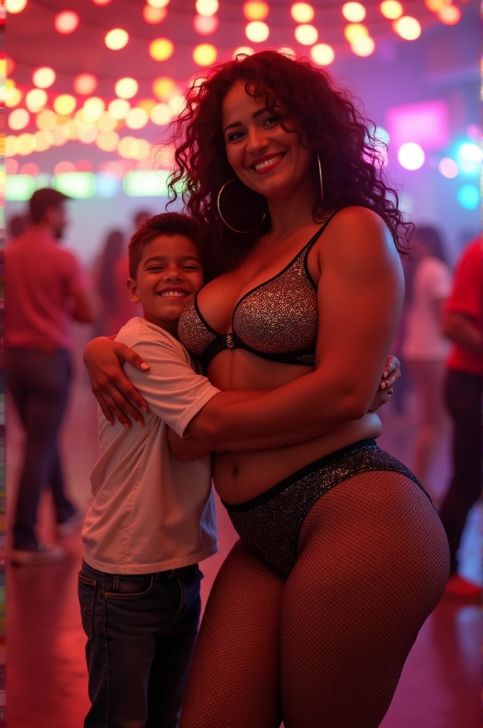 lambada,Sexy 50 years old fat busty fishnet tights body builder　biggest woman hugging  boy  ,full body