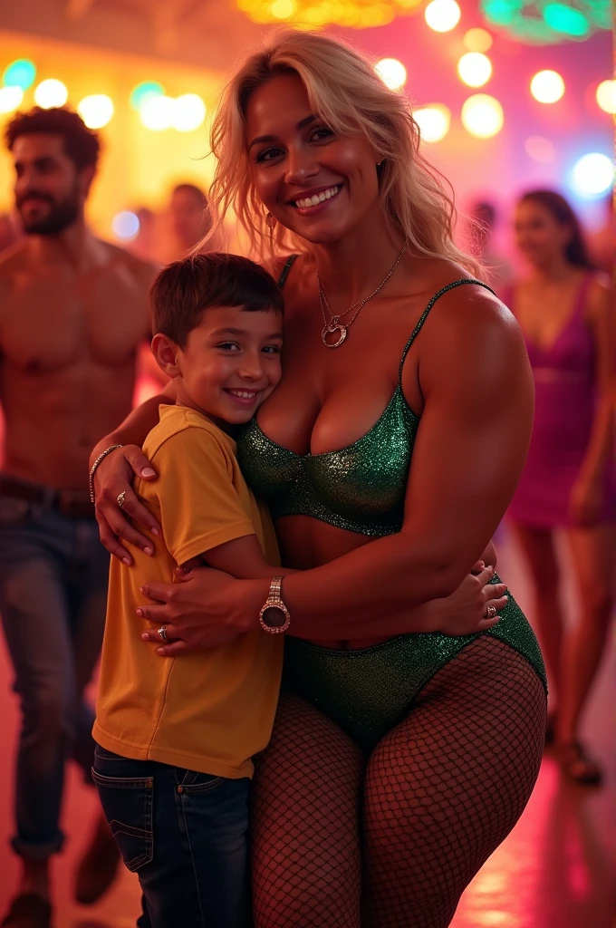 lambada,Sexy 50 years old fat busty fishnet tights body builder　biggest woman hugging  boy  ,full body