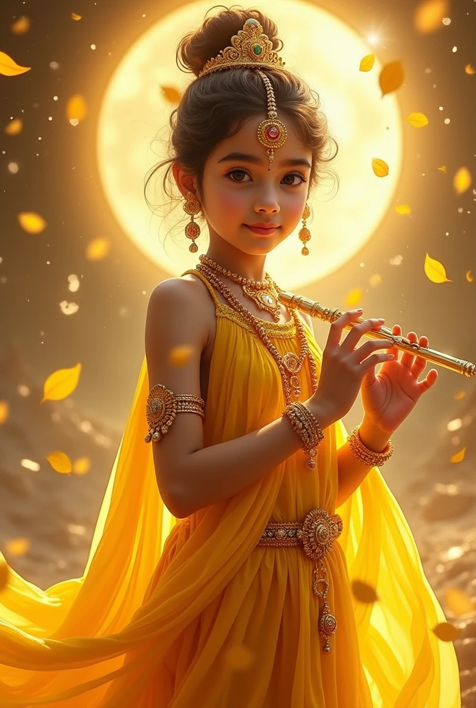 The image appears to be a highly stylized and artistic representation of a divine or mythological figure, possibly inspired by Lord Krishna from Hindu mythology. The character has a youthful and ethereal appearance with a serene expression. They are adorned with intricate gold jewelry, including earrings, bracelets, and a necklace. The figure is holding a golden flute, which is a key attribute of Krishna. They are dressed in flowing, golden-yellow robes that are intricately detailed, with flower petals scattered around them. The background is a blend of celestial and ethereal elements, featuring a radiant halo behind the figure’s head, symbolizing divinity. Golden light particles and leaves float around, adding to the mystical and divine atmosphere. The entire scene is illuminated with a warm, golden glow, enhancing the otherworldly and sacred vibe.