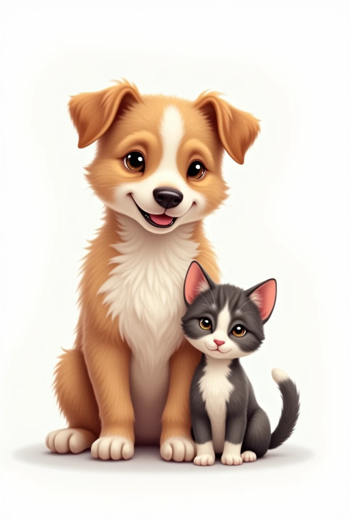 A dog and a cat sitting together in harmony, with the cat being half the size of the dog. They are positioned side by side, fully touching each other. The image shows them from their paws to the tips of their ears, without any parts cut off. They are set against a perfectly white background, with no shadows, and the entire image captures their full bodies, ideal for a logo