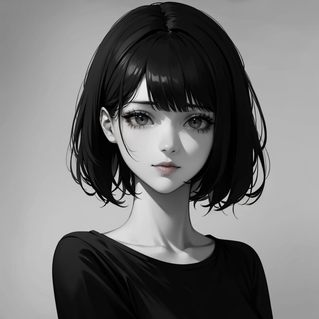 1girl, solo, sharp eyes, monochrome, greyscale, short black hair, portrait, T-shirt, closed mouth, looking at viewer, sketch, graphite \(medium\), detailed lips, hatching \(texture\), without makeup, bangs, upper body, (best illustration), (best quality), (very detailed), (masterpiece),