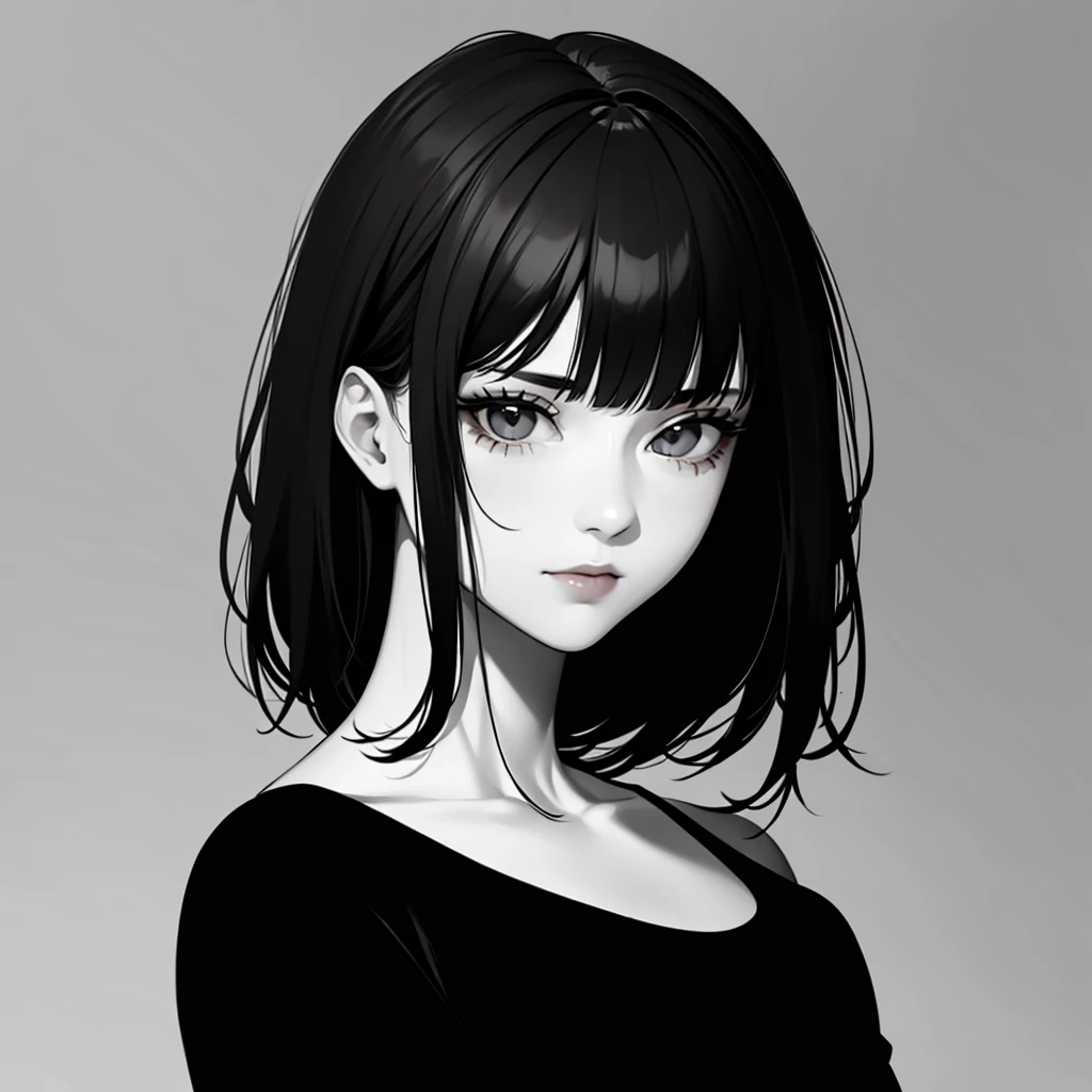 1girl, solo, sharp eyes, monochrome, greyscale, short black hair, portrait, T-shirt, closed mouth, looking at viewer, sketch, graphite \(medium\), detailed lips, hatching \(texture\), without makeup, bangs, upper body, (best illustration), (best quality), (very detailed), (masterpiece),