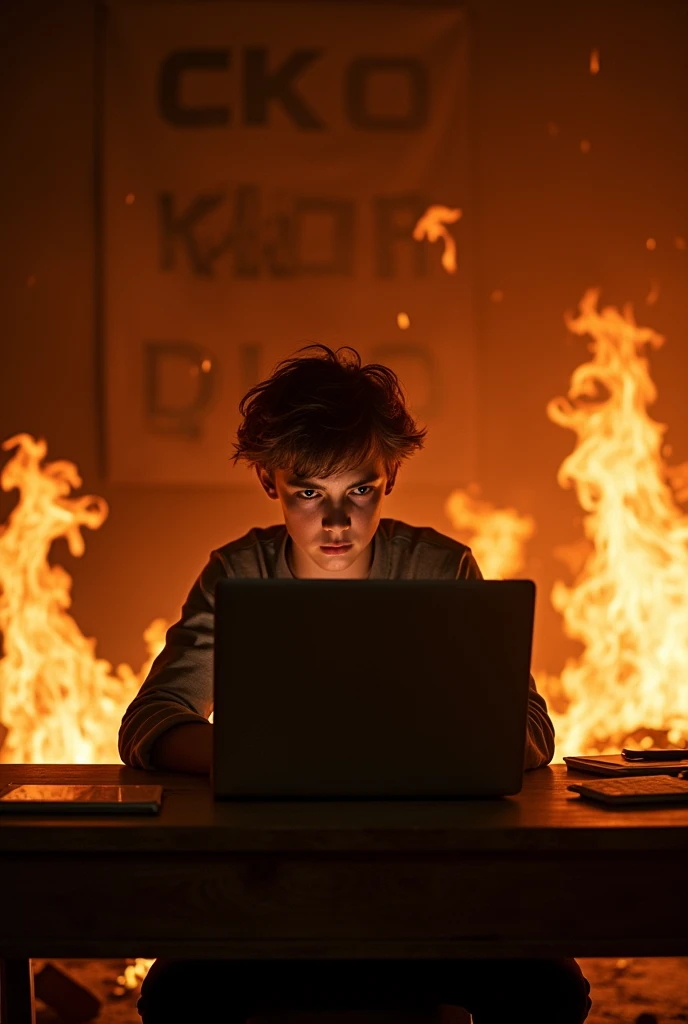A 23 year old boy using laptop in his desk . His room had fired He sits around fired room and his laptop top corner also fired he deeply focus laptop in firey eyes