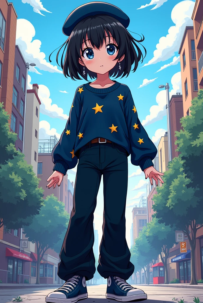 Make me a boku no hero style comic image, A white girl, 13 year old teenager, short black hair down to the back, has bangs but they don't cover her eyes and her hair is a little messy, her eyes are a little big and they are beautiful and they are like yumeno kyusaku's from bungo stray dogs, and they are dark blue in color with a star inside one and a circle inside the other, She is wearing a blouse like the one in the movie Coraline, dark blue with stars, that reaches up to the neck and has long, thick sleeves that cover some of the palms of the hands, a long, thick black pair of pants that cover some of the sneakers and a pair of blue All Star sneakers. She is wearing a small silver earring., a navy blue beret. Her nails are painted black and they are out of her pants., and stand up and do it full body.