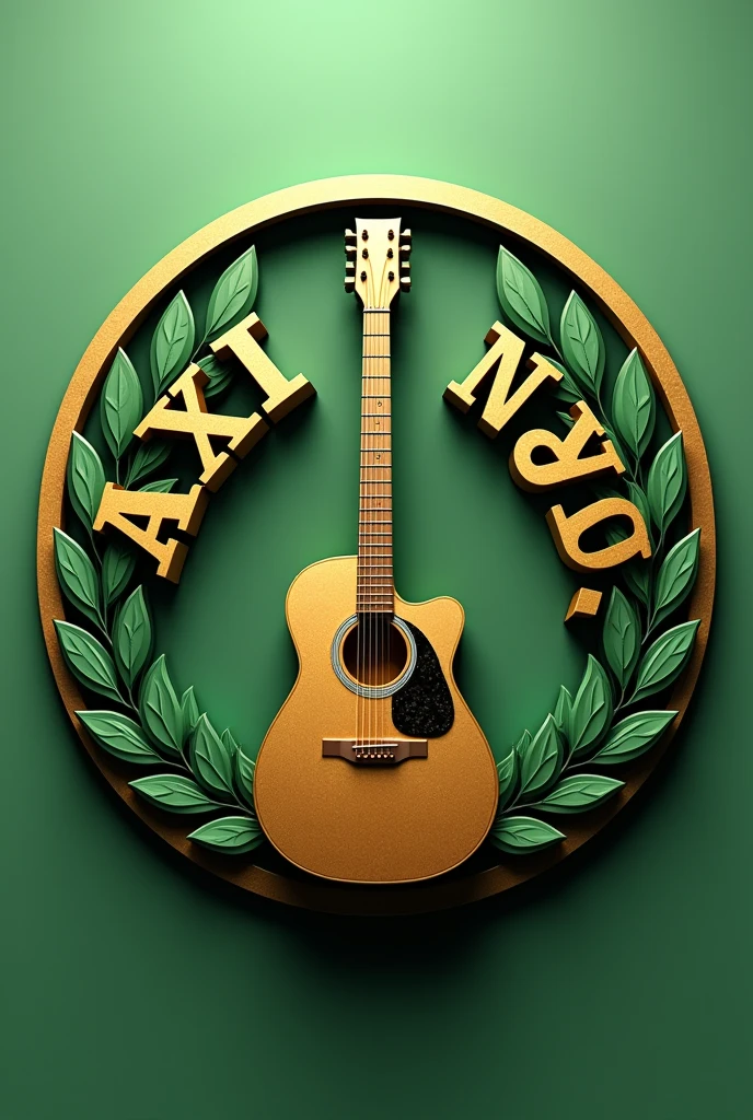 Create a professional 3D music circle logo, that says AXLI URBANO golden color green Dollar that in the middle of AXLI URBANO there is a guitar standing golden color Green Dollar