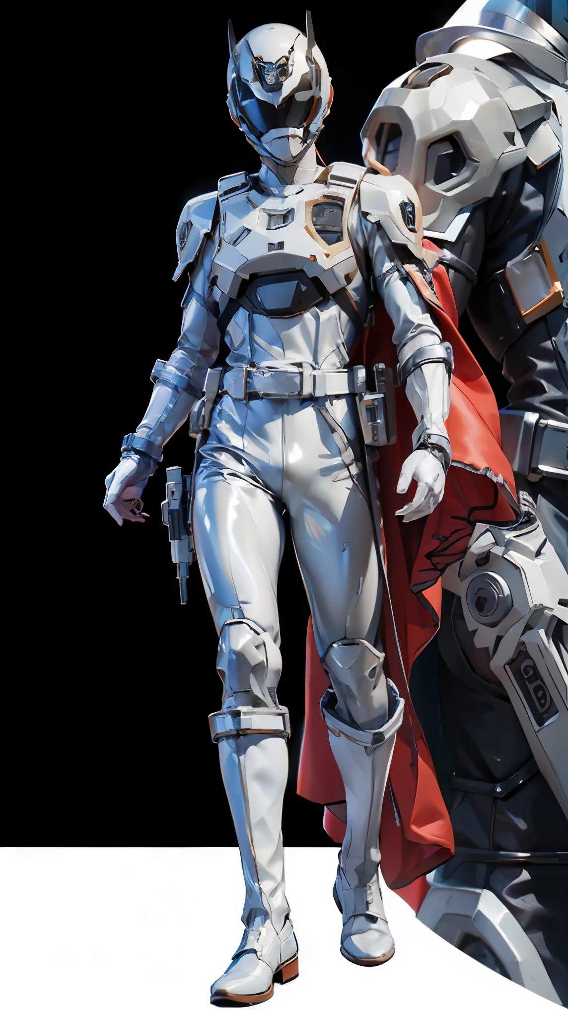 1boy, full body, Illustration, cinematic light, high resolution, best quality, ultra detailed, masterpiece, power suit, powerranger, suit, spd, (silver royal guard ranger suit), gold detail, (((white suit)))