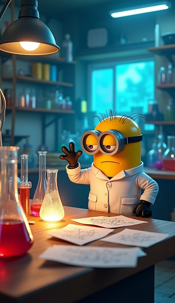 Minion mặt bộ đồ nhà khoa học đang nghiên cứu một thứ gì đó có thể là vũ khí
Xung quanh là những hóa chất, và những công thức bí mật
Trên bàn là những lọ hóa chất