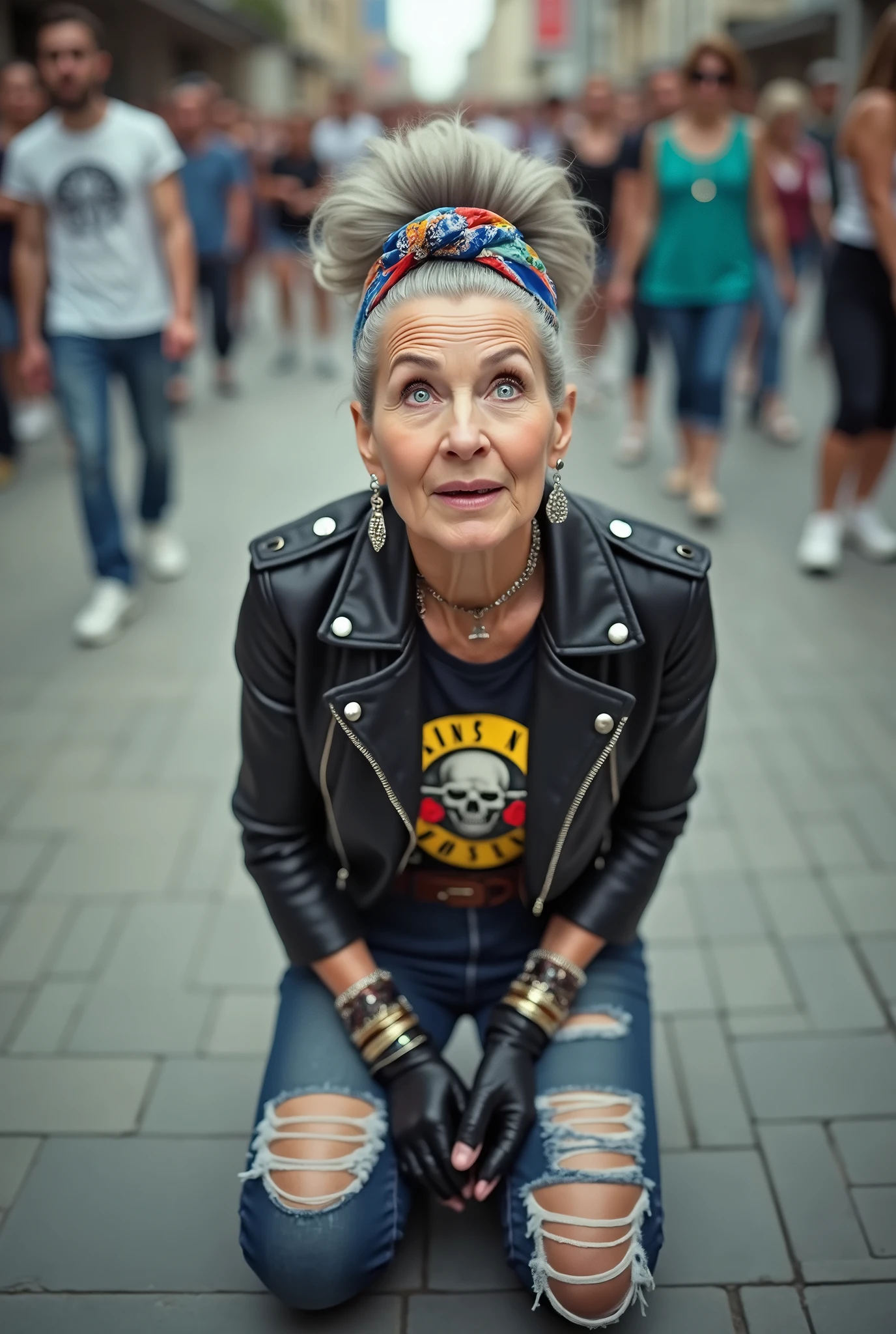 russian old milf woman, grey hair (middle part) and wide colourful bandana as headband, with very light blue eyes, extremely pale. Wearing studded cropped black moto jacket with lots of zippers and pins, black push up bra with white seams , dark skinny blue jeans and pointy silver Chelsea boots with cuban heels . Studded Choker. Lots of metallic bracelets and collars. Tacky wide studded leather belt with oversized skull and bones buckle. Long bohemian earrings. Kneeling like in a payer, looking at the camera, humble facial expression. Hands on her knees, showing off bracelets and rings. studded black leather tote bag with chains on the floor, next to her.. Listening in amazement to somebody speaking to her, toned six pack abdominals, thin neck, slim legs and thin arms. Tattoed heavily. A lot of people around looking at her, next to her, all her belongings on the floor