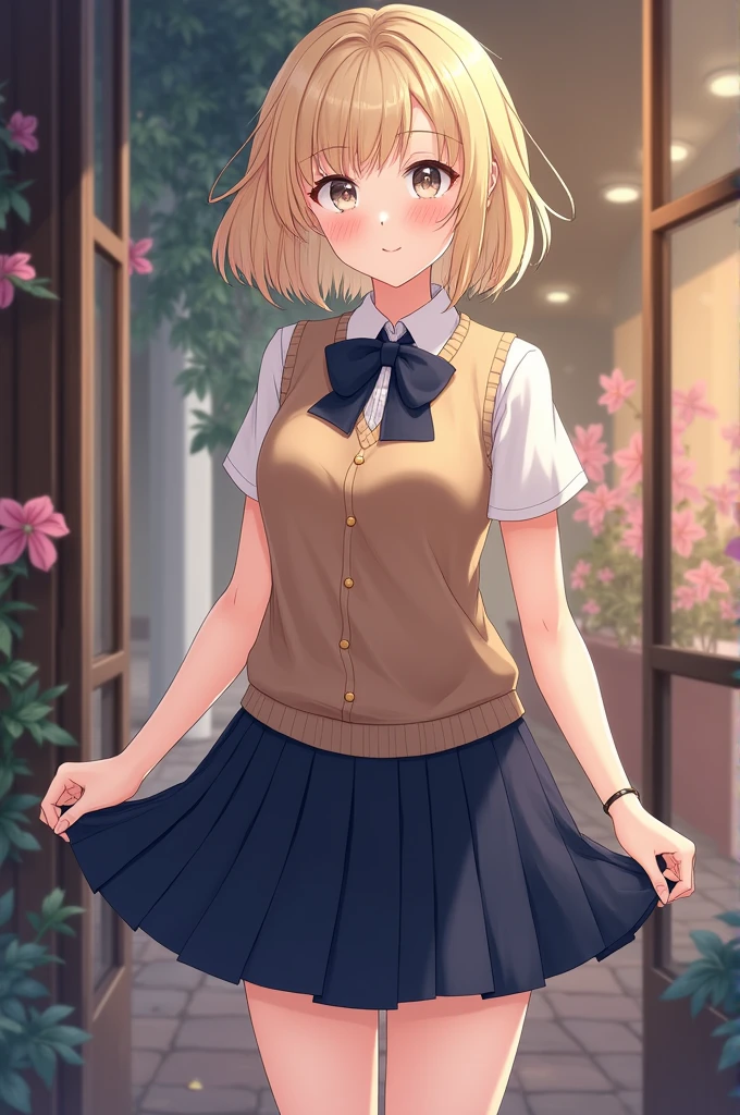 (masterpiece:1.2, the best质量), (Practical, photoPractical:1.4), High-quality illustrations, (Natural side Light, Light), Writing border depth,
Looking at the audience, Front view, 1 girl, English, High school girl, 20 years old, Perfect face, Cute symmetrical face, 容Light焕发的皮肤, Open your legs,
(Bob Hairstyle:1.7,Blonde), Asymmetrical bangs, big eyes, Drooping eyes, Long eyelashes chest), Thin,
Beautiful hair, Pretty Face, beautiful eyes, Beautiful clavicle, Beautiful Body, Beautiful breasts, Beautiful thighs, Beautiful Feet, Beautiful fingers,
((Fine fabric texture, Brown knitted vest, Short sleeve white collar shirt, Navy blue pleated skirt, Navy bow tie)),
(Beautiful scenery), night, (Flower shop interior), eternal, (Smile, the best, open mouth), (((Skirt lift, White sexy, visible genitalia))), full-body shot, Dark blue socks, Sexy face, Inverted Nipple,
