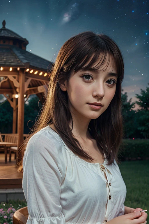 close up of a young woman wishing upon a star on a starry night with a gazebo in the background, anime bishoujo style digital art, ghibli style anime