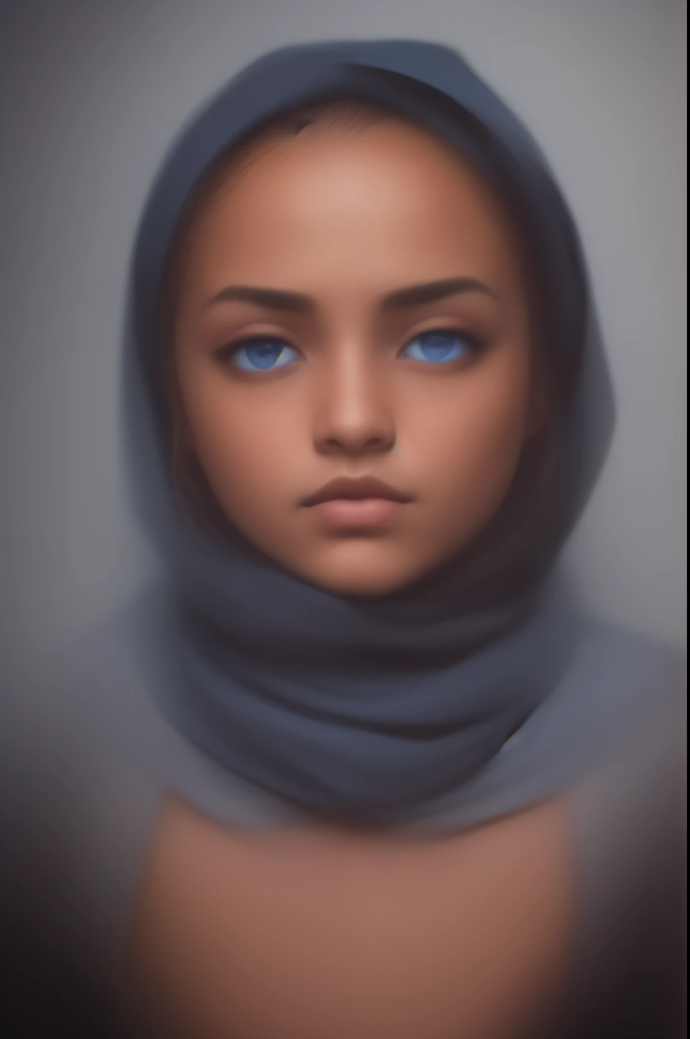 A photo of a person with (striking blue eyes:1.3), dark complexion, draped in a (black headscarf:1.2), (piercing gaze:1.2), subtle  features, high contrast against (dark background:1.1), (depth in eyes:1.2), natural light highlighting face, sharp focus, portrait orientation, Canon EOS 0s, f/2.8, ISO 100, (soulful expression:1.3), intimate portrait, profound narrative, (rich texture detail:1.1), fine art photography