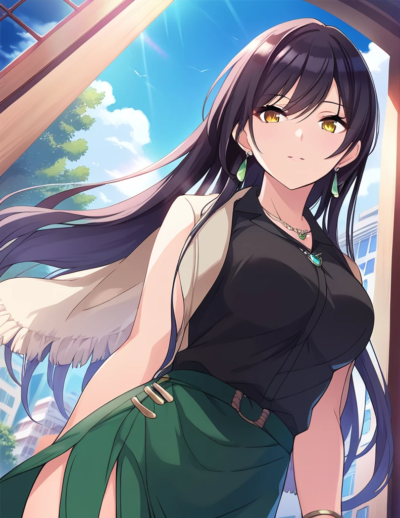 score_9, score_8_up, score_7_up, source_anime,
pinup of 1girl, solo, dutch angle, shipping, from below, low-angle view , underneath, 
outdoors, city, plant, tree, display window, day, blue sky, sunbeam, flare, 
 srssky, very long hair, black hair, straight hair, bangs, yellow eyes, large breasts, 
black shirt, collared shirt, collarbone,   long sleeves,  lime green skirt, side slit, long skirt, shawl, 
jewelry, necklace, earrings, bracelet,
detailed eyes, eye reflection,