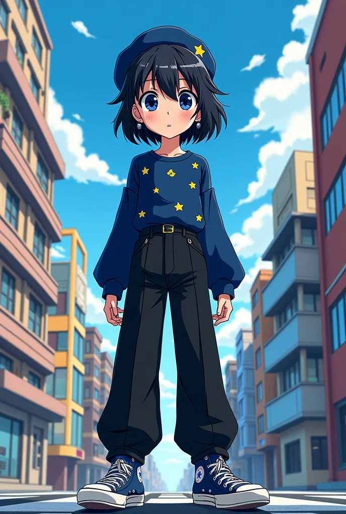 Make me a boku no hero style comic image, A white girl, 13 year old teenager, short black hair down to the back, has bangs but they don&#39;t cover her eyes and her hair is a little messy, her eyes are a little big and they are beautiful and they are like yumeno kyusaku&#39;s from bungo stray dogs, and they are dark blue in color with a star inside one and a circle inside the other, She is wearing a blouse like the one in the movie Coraline, dark blue with stars, that reaches up to the neck and has long, thick sleeves that cover some of the palms of the hands, a long, thick black pair of pants that cover some of the sneakers and a pair of blue All Star sneakers. She is wearing a small silver earring., a navy blue beret. Her nails are painted black and they are out of her pants., and stand up and do it full body. 