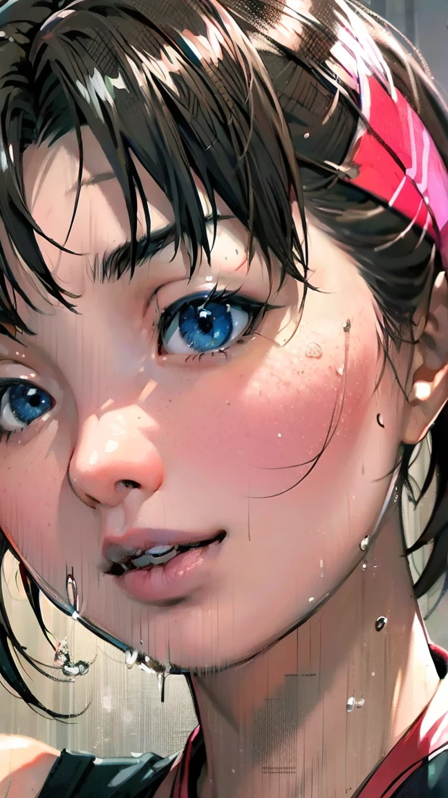 perfection、masterpiece、(Highest quality、High resolution:1.2)、 1 person、Beautifully detailed eyes、Beautiful pink lips、Highly detailed eyes and face、Bright colors、Ultra Close-Up、Close-up of face、HDR、Studio Lighting、Ultra-high definition painting、Sharp focus、Physically Based Rendering、Extremely detailed depiction、moderate bust、perfectionな形、Facing the viewer、Sweat、smile、Volleyball Player、((Sleeveless red volleyball uniform))
