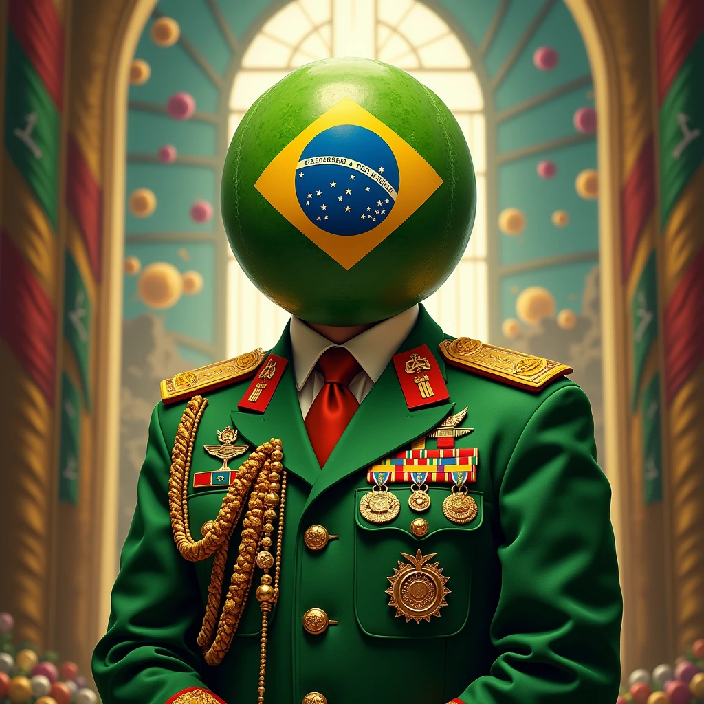 "A military general wearing a green uniform adorned with medals, badges, and an emblem similar to a communist or authoritarian regime. Instead of a human face, the head is replaced with the Brazilian flag, in a stylized manner similar to a fruit slice. The overall design is artistic and cartoon-like, with vibrant colors and a polished look, capturing a satirical or humorous tone similar to the style used in political caricatures."