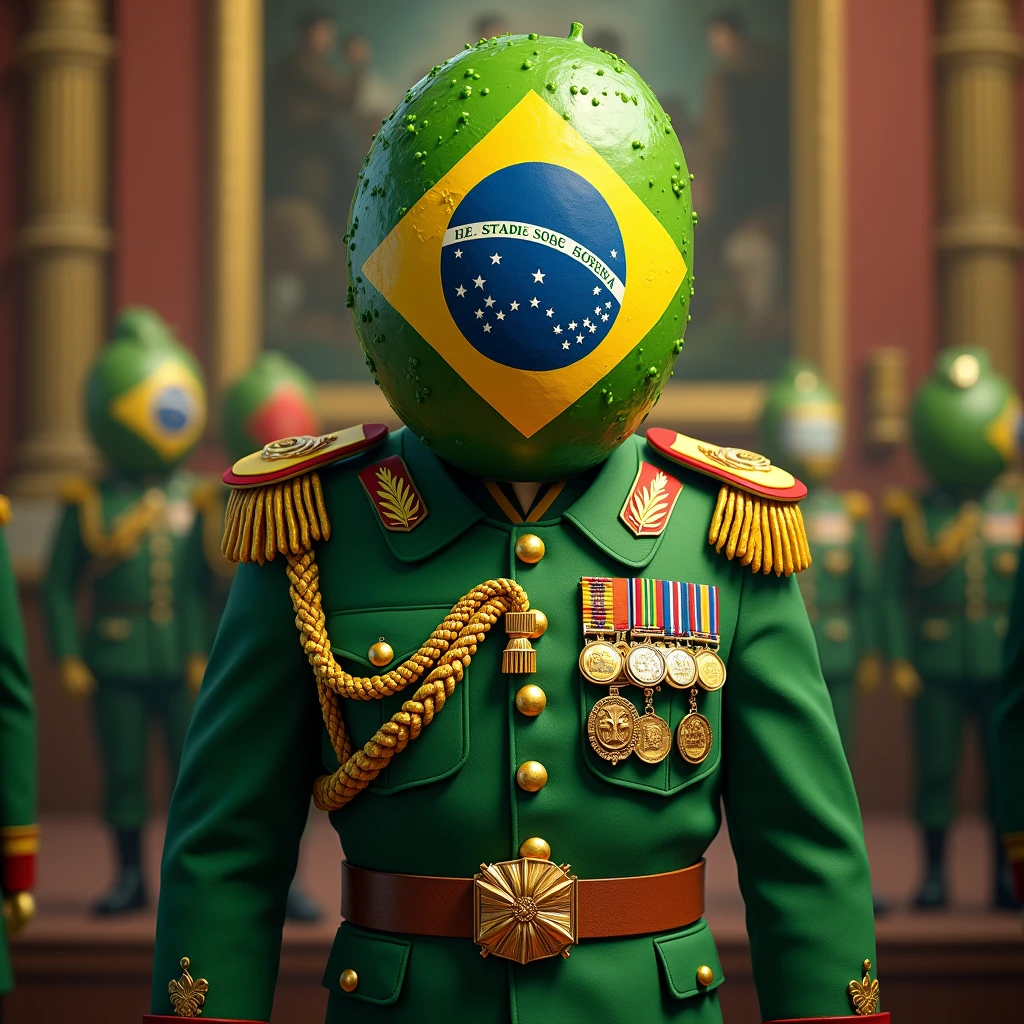 
"A military general wearing a green uniform adorned with medals, badges, and an emblem similar to a communist or authoritarian regime. Instead of a human face, the head is replaced with the Brazilian flag, in a stylized manner similar to a fruit slice. The overall design is artistic and cartoon-like, with vibrant colors and a polished look, capturing a satirical or humorous tone similar to the style used in political caricatures."