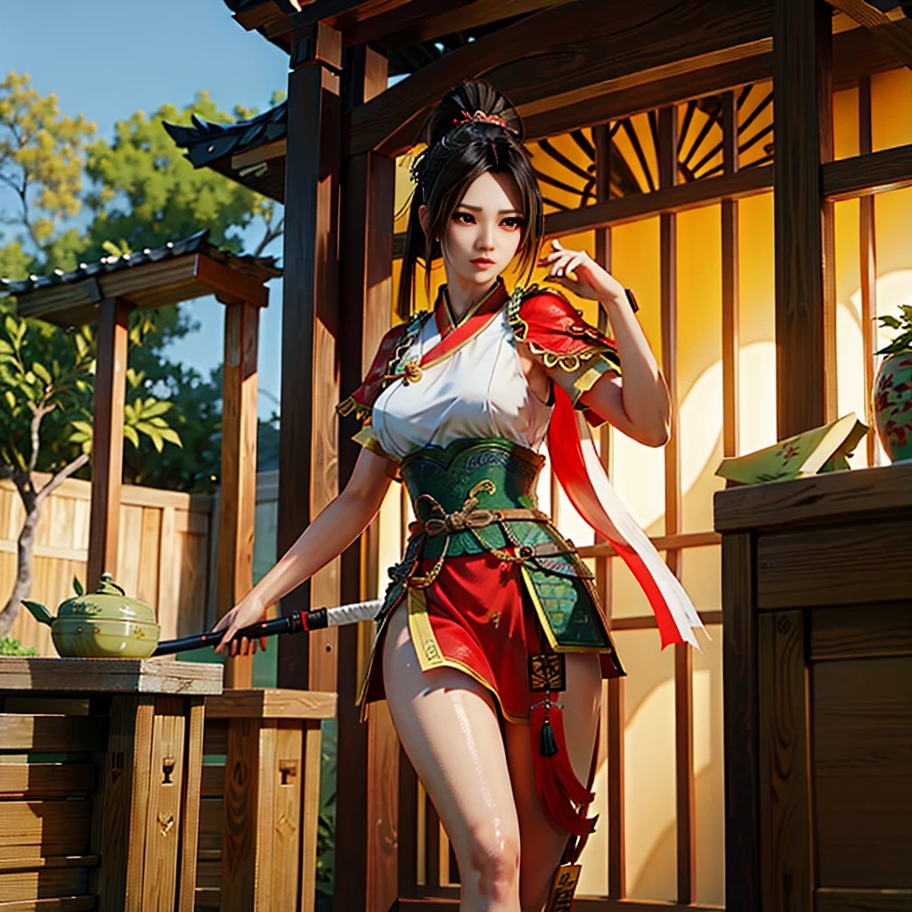 A standing beautiful ancient Chinese Hanfu armor big breasted female soldier with long legs and long sword and black hair