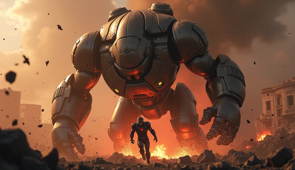 Scene 16: Rescue Mission
War Machine rescues Tony Stark, pulling him from the wreckage. The scene is intense, with sparks and debris flying as they escape.