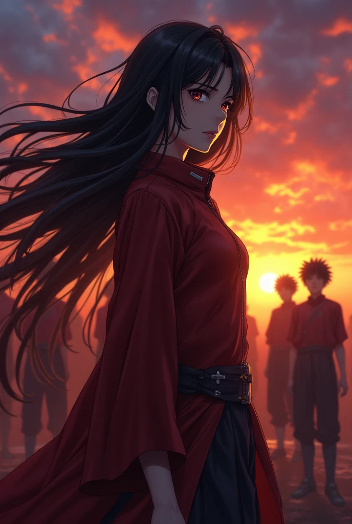 ultra detailed, High resolution, absurdities, HdR, ,  1 woman, She has black hair and brown eyes, Shinke no kyojin, extremely pretty, , The woman is part of the team, the sunset, Full length portraits, dark environment