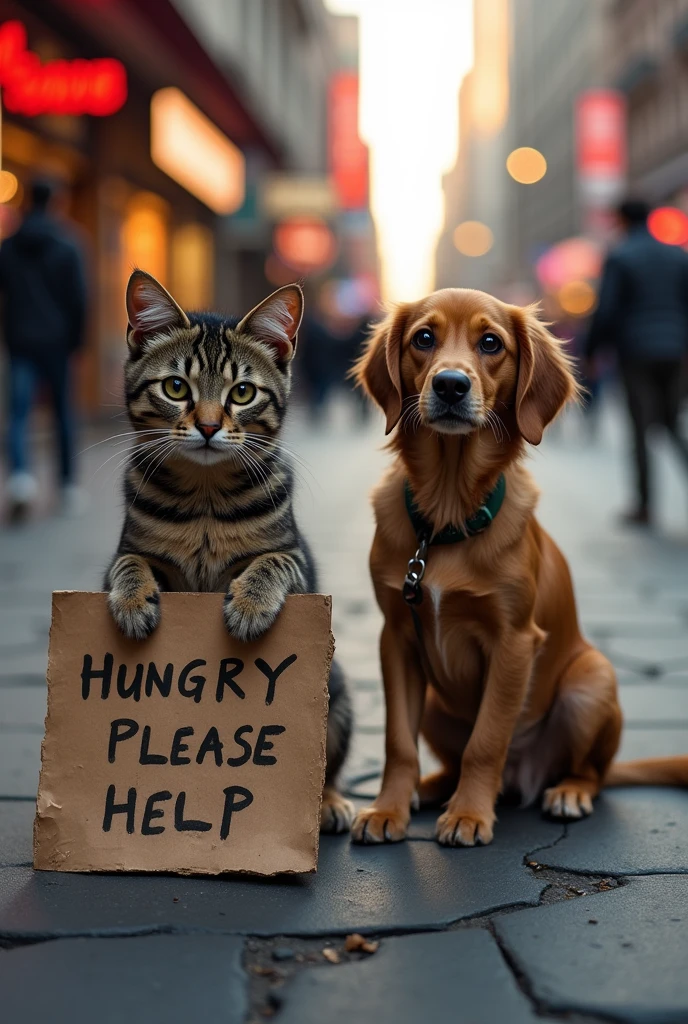 cat and dog starving and holding a sign asking for alms
