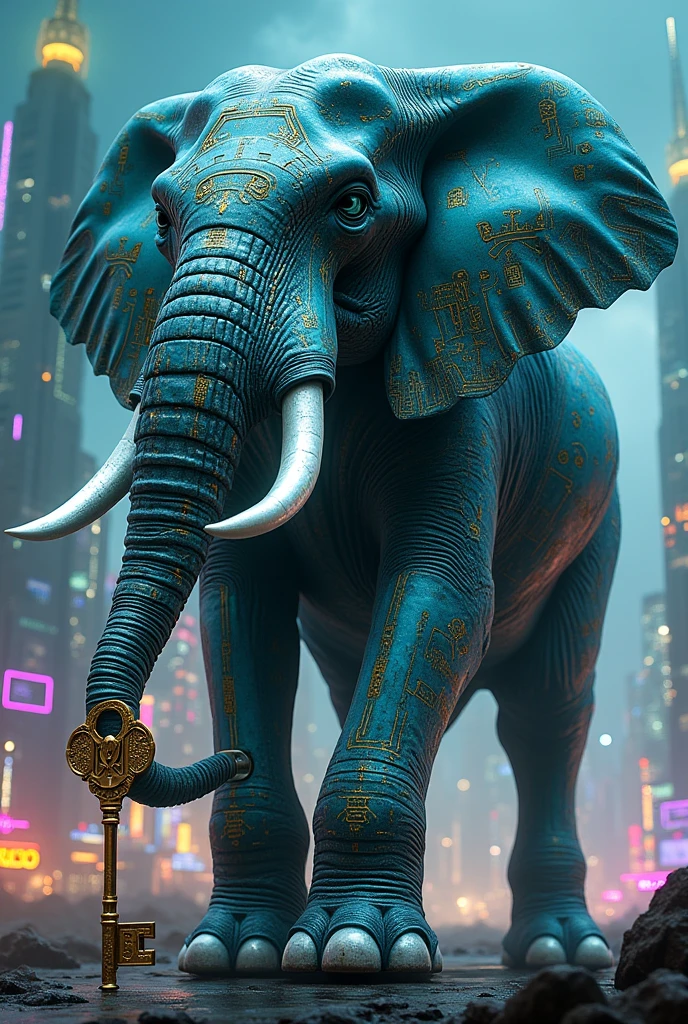A standing cyber elephant with a key on its trunk with a cyber background 20*9 canvas
