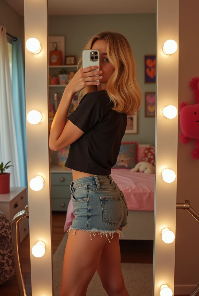 Photo of a young blonde girl taking a selfie in her bedroom, in profile, striking a very sexy pose, showing her buttocks with her phone in front of her mirror. She's got average buttocks. She hides her face completely by putting her phone in front of her face with her left hand. She's wearing very short jean shorts that show off her buttocks. She's wearing a black t-shirt that shows off her belly. She is of average build. The mirror is equipped with white LEDs.