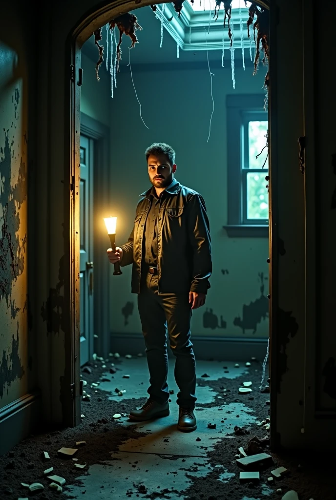Man with a flashlight in a dark and abandoned house at night