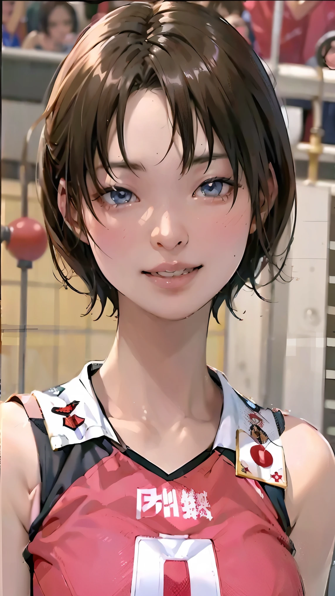 perfection、masterpiece、(Highest quality、High resolution:1.2)、 1 person、Beautifully detailed eyes、Beautiful pink lips、Highly detailed eyes and face、Bright colors、HDR、Ultra Close-Up、Face close-up studio lighting、Ultra-high definition painting、Sharp focus、Physically Based Rendering、Extremely detailed depiction、moderate bust、perfectionな形、Facing the viewer、Sweat、smile、Volleyball Player、((Sleeveless red volleyball uniform))、Tie your hair back