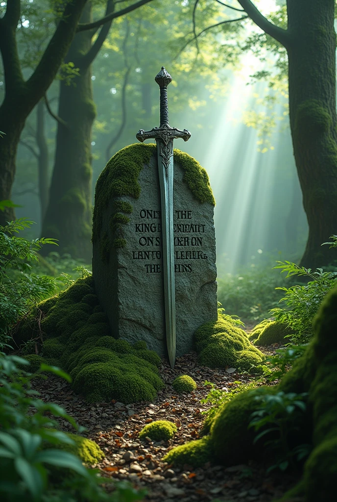 • The Sword excalibur halfly burried inside the big stone in the middle of the forest and with the engrave in the stone"only the king of camelot can pull this away