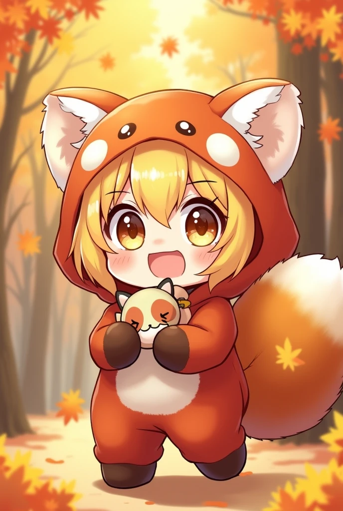 Cute, yellow hair, eyes and mouth visible, eyes and mouth visible, eyes and mouth open, shota, short hair, red panda costume, anime illustration, small stuffed animal, one tail, background, autumn-like, icon size
