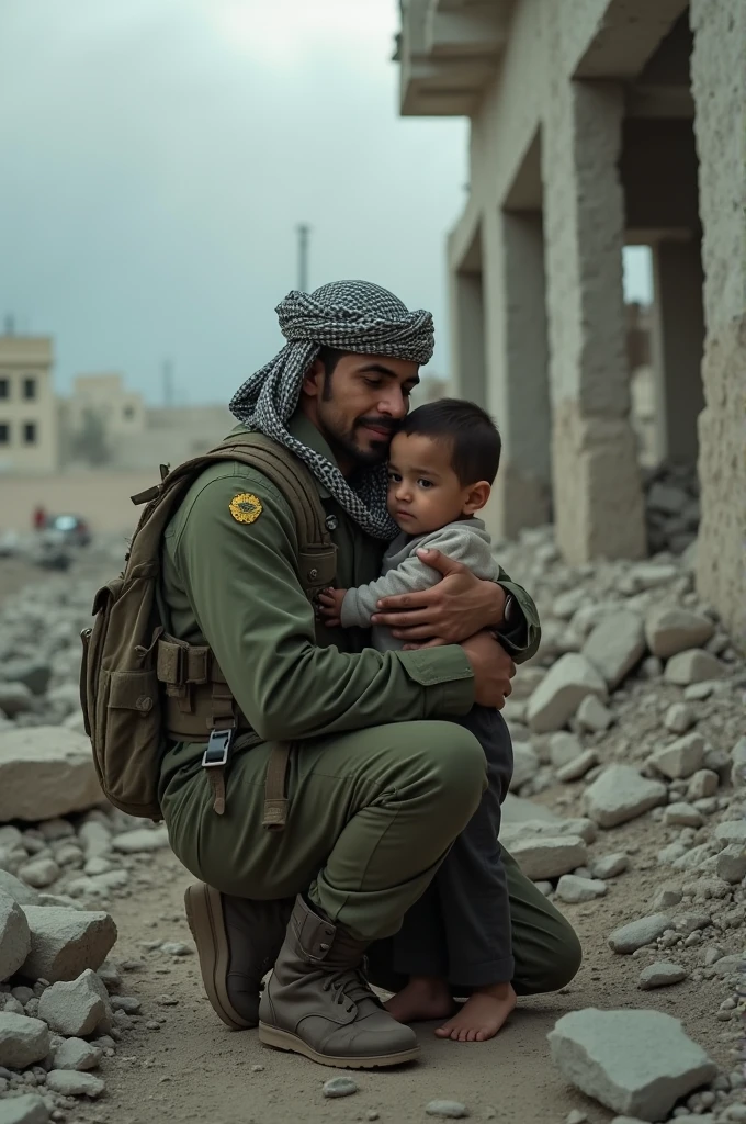 Depicts a Palestinian fighter hugging his child in front of a collapsed building.