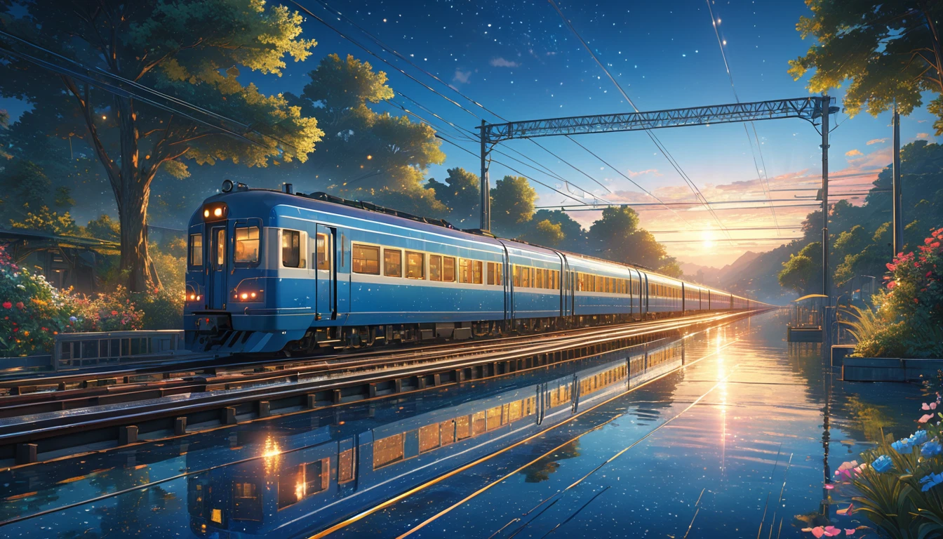score_9, score_8_upper, score_7_upper,A train running on water,Sunken rail,Small station platform,(((Blue overall color))),summer,horizontal line,Morning Glow,Starry Sky,Streaks of Light,(masterpiece, Highest quality, Highest quality, Official Art, beautifull, beautiful:1.2,Ray Tracing),Very detailed,Blue tones,Very detailed, (Fractal Art:1.3),  Most detailed, High resolution, Impressive visuals, (Dynamic Stripes, Light trail:1.2), Vibrant colors ,Detailed Images