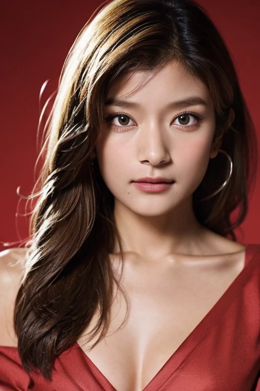 20-year-old girl,in love,Blushed,(Medium long light brown hair),Loose fitting shirt,Lively,Medium chest,background,desaturated background,Bokeh,Dark Theme,Calm tone,Calm colors,High Contrast,(Natural skin texture, Hyperrealism, Soft Light, sharp),(Upper Body) Artistic photography,(Bare shoulders),(Cover your chest with red cloth),