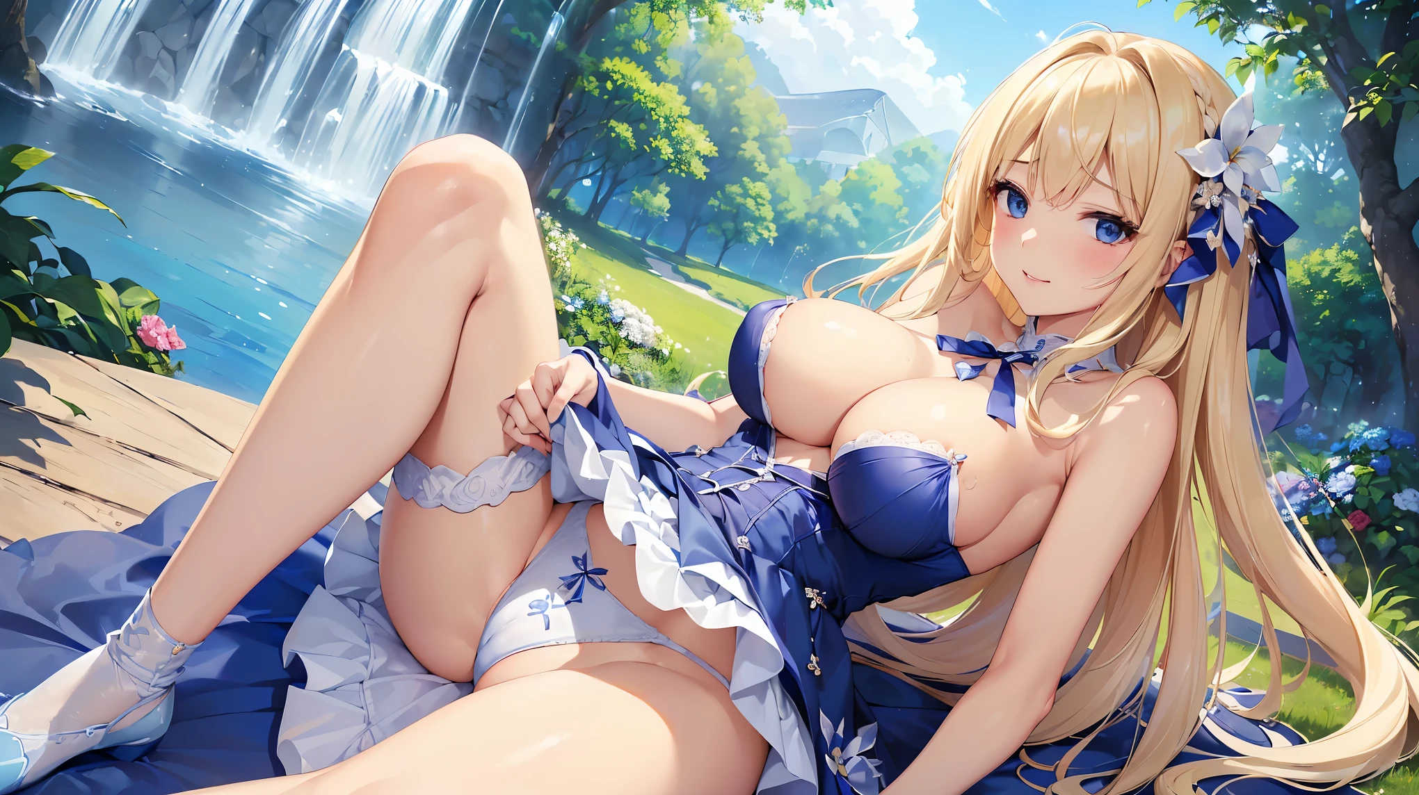 ((Highest quality、High resolution))、Beautiful woman、Perfect body、Beautiful and bountiful breasts、(tits、panties)、long blond、bangs、Blue and white、Embellished blue sexy dress、skirt、Sexually excited expression、(((pantiesを見せて誘惑してる、Beautiful woman opening her legs and inviting sex)))、Outdoor Scenery