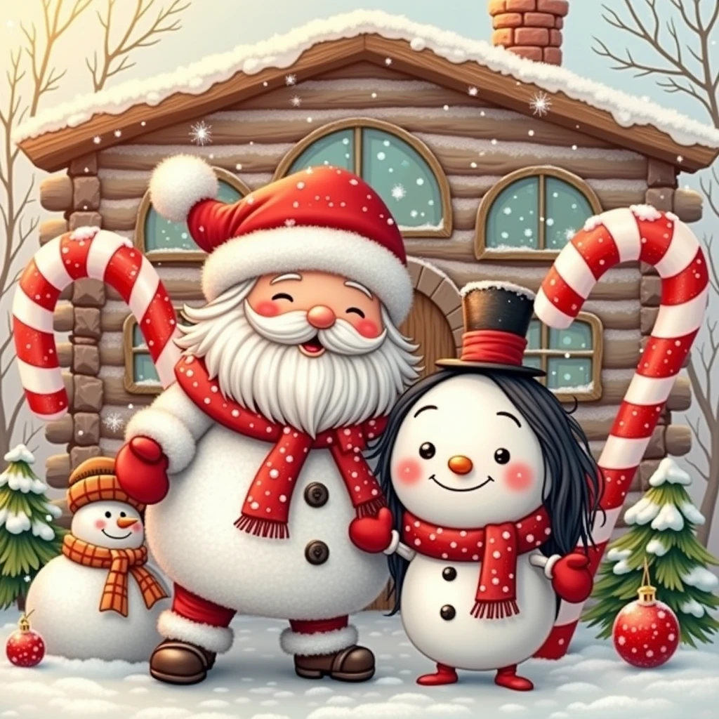Santa Claus with his chubby wife black hair candy canes snowman snowflakes