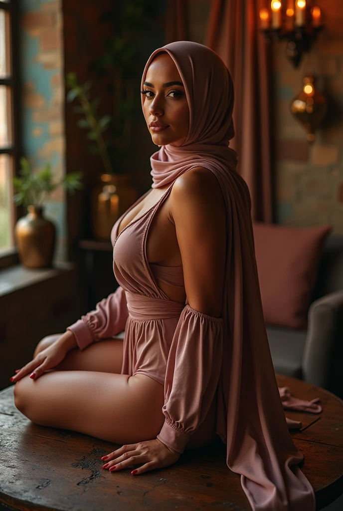 Beautiful woman, reddish skin, sitting on top of table with hijab on but topless no top no bra. She has perfect boobs with pink nipples that hard