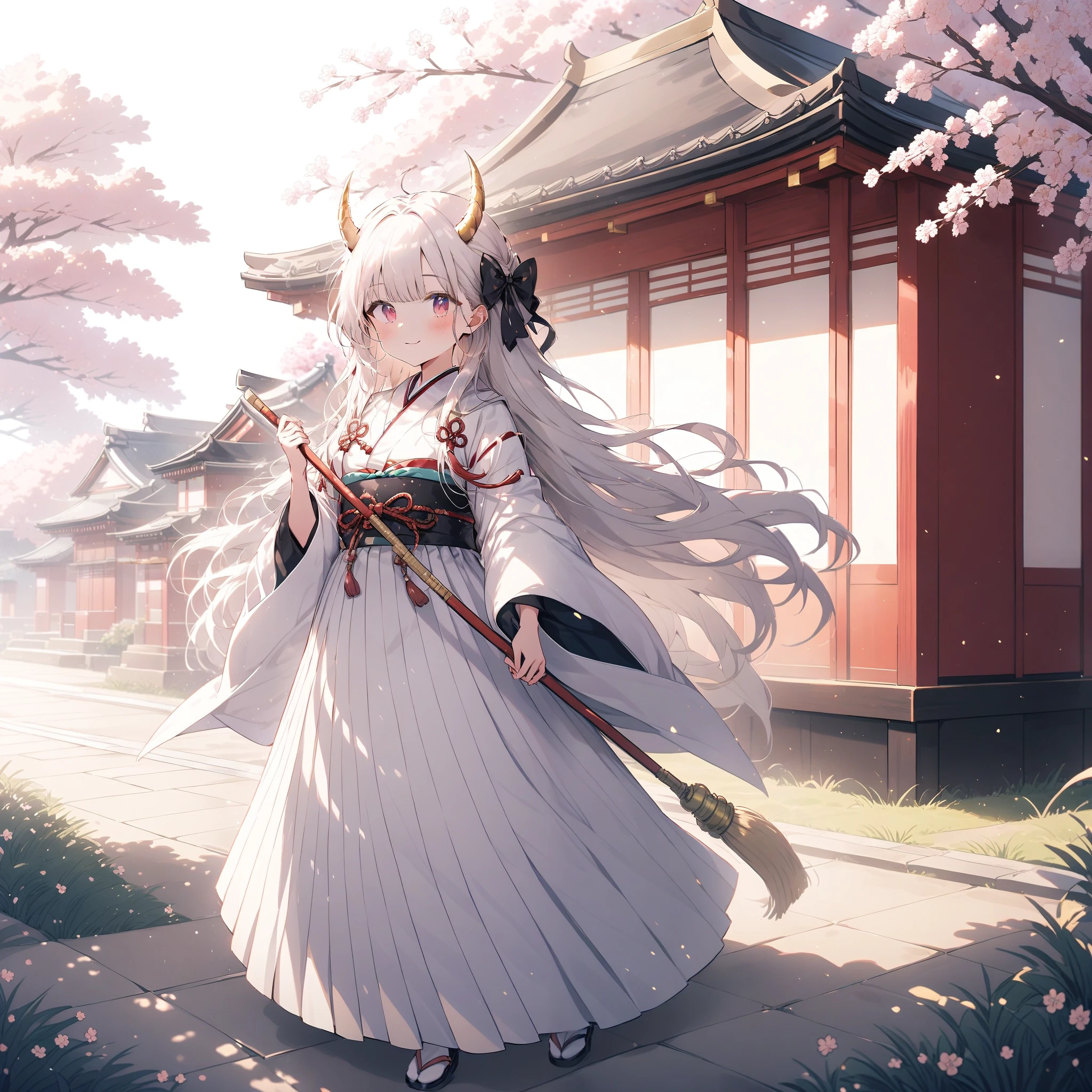 Full body, a young girl with golden horns long white hair, and white Japanese clothing with gold ornaments is sweeping the garden floor of a Japanese temple while the cherry trees are in full bloom