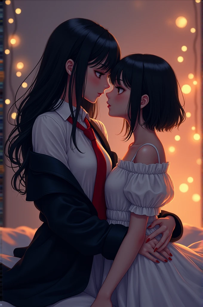 (masterpiece), best quality, expressive eyes, perfect face, 2 girl in picture. A girl with long black hair has black eyes, wearing T-shirt with black coat with req tie, clothes is hugging a girl with short black hair has black eyes wearing white dress, night beadroom background, romantic, They looked at each other, twinkle, both eyes are gentle